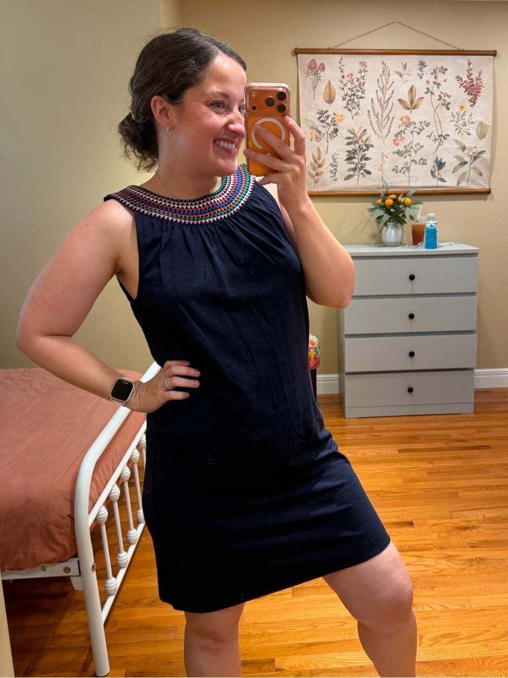 Boden Navy Sleeveless Shift Dress with Multicolor Embroidered Yoke